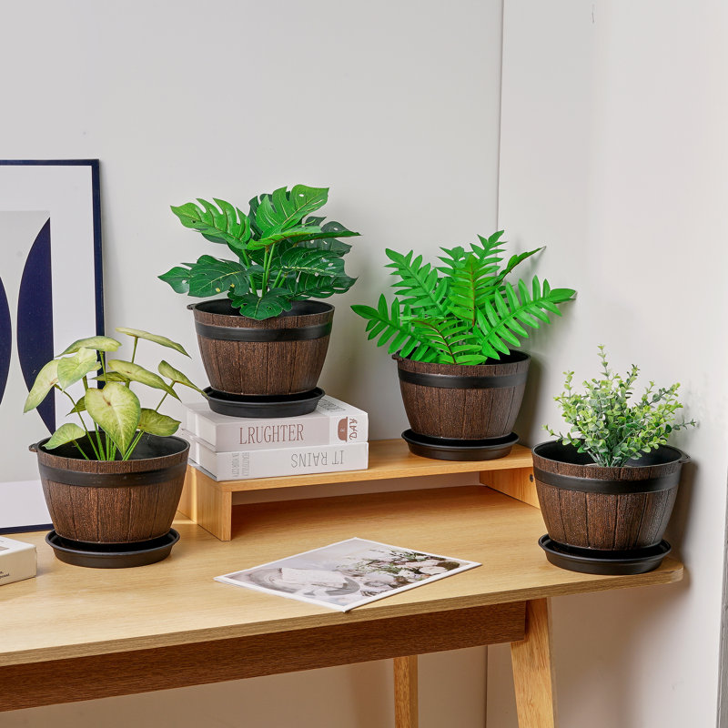 Plant Pots 4 Pack 7 Inch Whiskey Barrel Planters Pots With Drainage Holes And Tray For Indoor And Outdoor Garden Home Plants