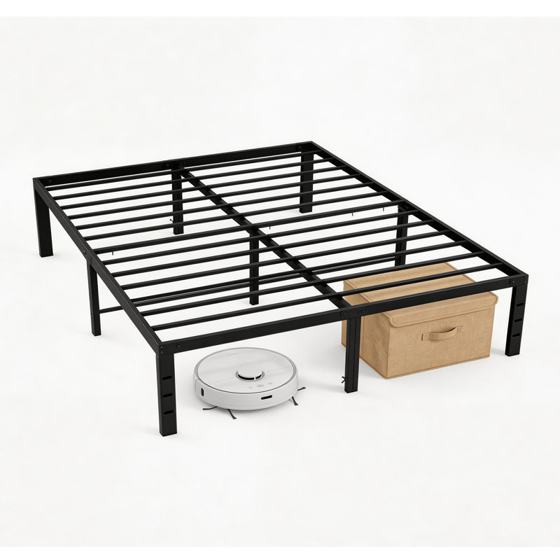 Lutherville 18'' Black Metal Platform Bed Frame With Steel Slat Support, No Box Spring Needed, Full, 18"