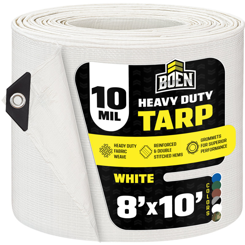 Bâche blanche Boen de 8 pi x 10 pi, housse résistante imperméable et épaisse de 10 mil, bâches anti-déchirure, matériau de tissage épais, résistant aux rayons UV, idéal pour la tente de bâche, le bateau, le véhicule récréatif ou la piscine