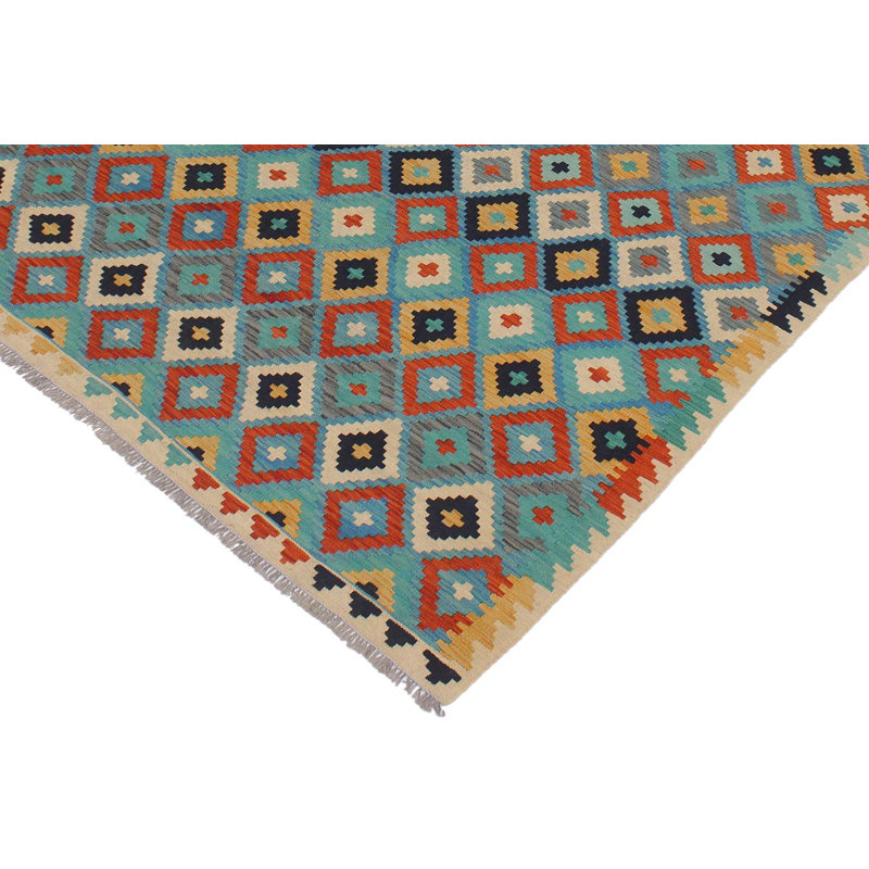 Tapis bleu / beige / rouge / rouge en laine noué à la main de 5 pi 11 po x 7 pi 11 po Céporah