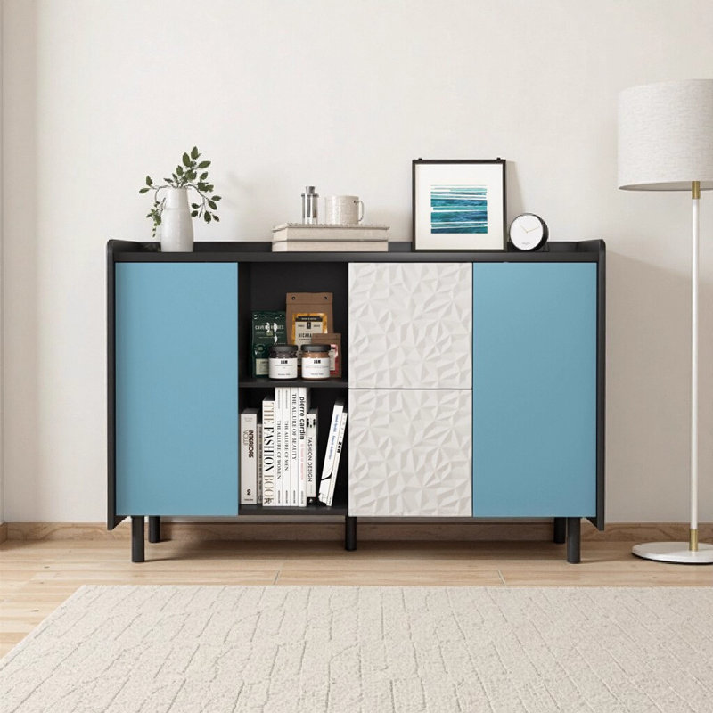 Buffet moderne noir avec portes bleues - 2 tiroirs et 2 compartiments de rangement ouverts, armoire d'appoint pour la cuisine, la salle à manger, le café-bar