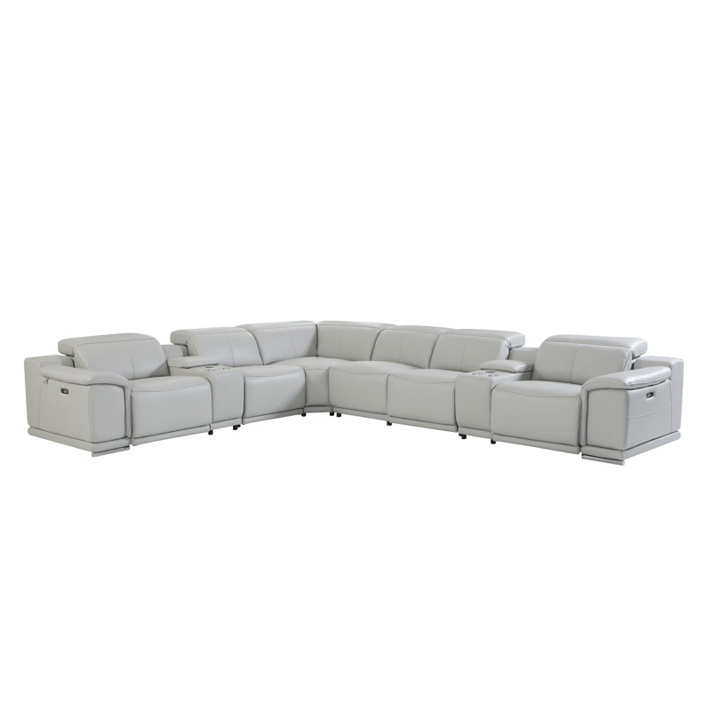 Thijmen 151" Wide Genuine Top Grain Italian Leather Symmetrical Reclining Corner Sectional, Light Gray Genuine Leather