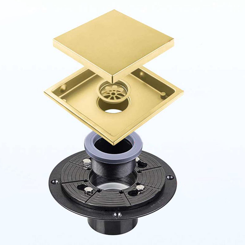 6 Inch Square Shower Floor Drain, Brushed Gold