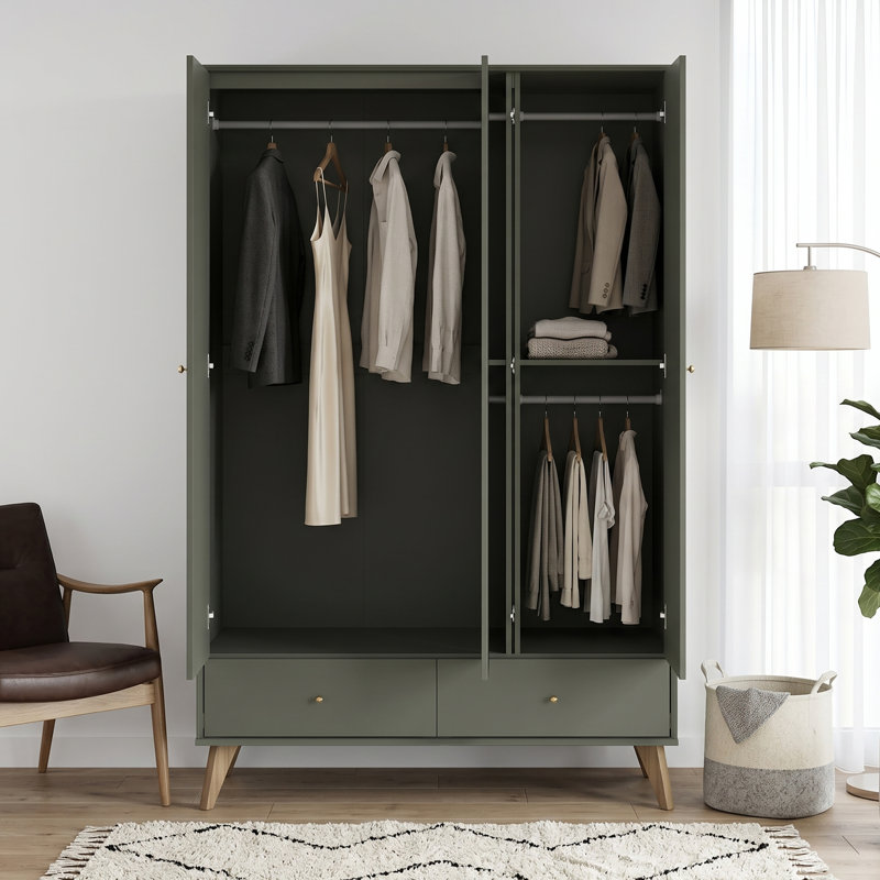 Abby 3 Door 2 Drawer Wardrobe With Mirror, Kale Green