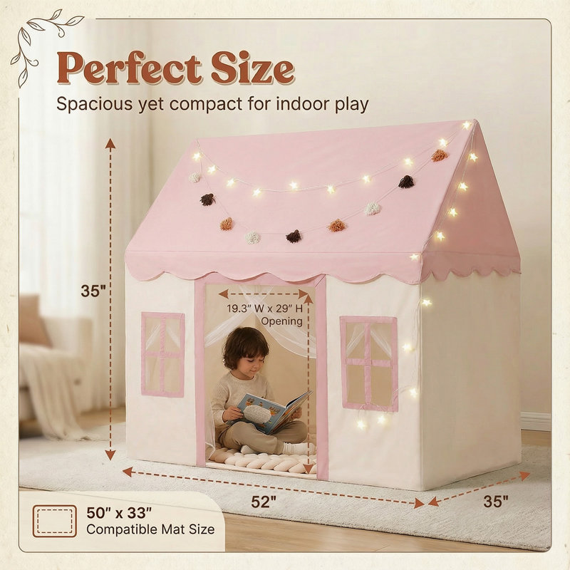 Little Dove Play Tent with Mat, Star Lights, Kids Playtent Indoor, Toddler Play Tent Large Outdoors for Kids Aged 3+, 52" x35" x 52", Toddler Teepee Play House with Windows
