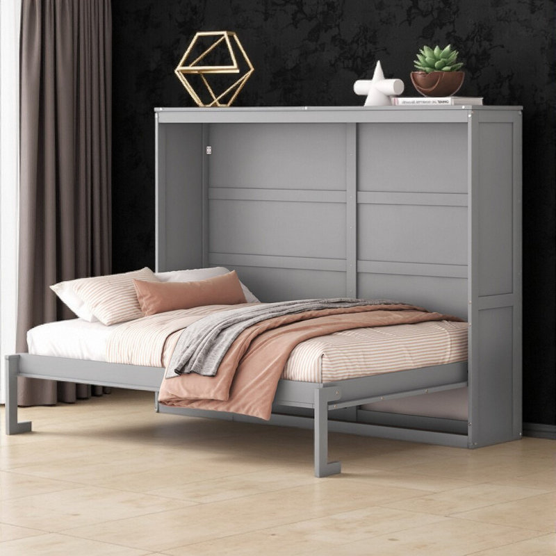Friel Foldable Murphy Bed with Storage Cabinet & Wooden Frame, White, Full
