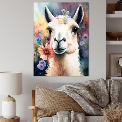 Portrait d'un lama avec des eurs