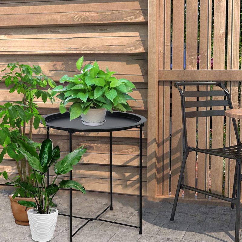 Round Metal Folding End Table, Portable Tray Side Table for Living Room, Bedroom, Patio