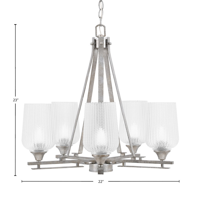 Uptowne 5 Light Uplight Chandelier Shown In Aged Silver Finish With 5" Clear Textured Glass