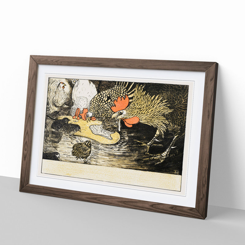 Roosters and Chicks by Theo Van Hoytema - Picture Frame Painting, Walnut Framed, 48cm H x 65cm W x 2cm D