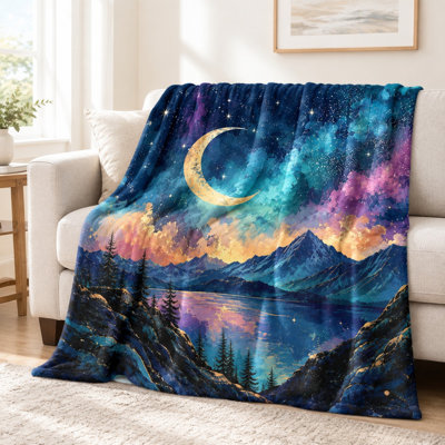 Superbe couverture de paysage de lune et de montagnes - ciel galaxie vibrant, reflet du lac serein, conception artistique, légère, respirante, toutes saisons, douce pour la peau, lavable à la machine, décorative, pour canapé, canapé, salon et chambre à coucher