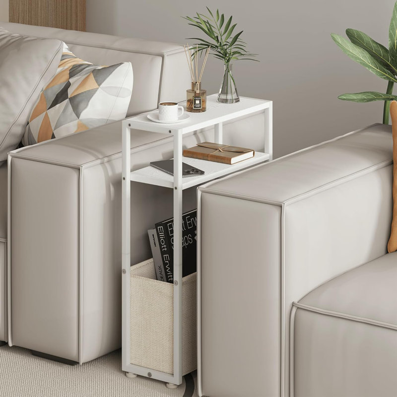 Slim White Metal Side Table with Fabric Basket
