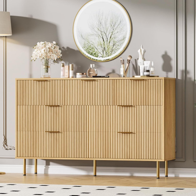 Commode 7 tiroirs en bois avec façade cannelée, commode moderne avec poignées pour le rangement de la chambre à coucher, du placard, du salon ou du couloir