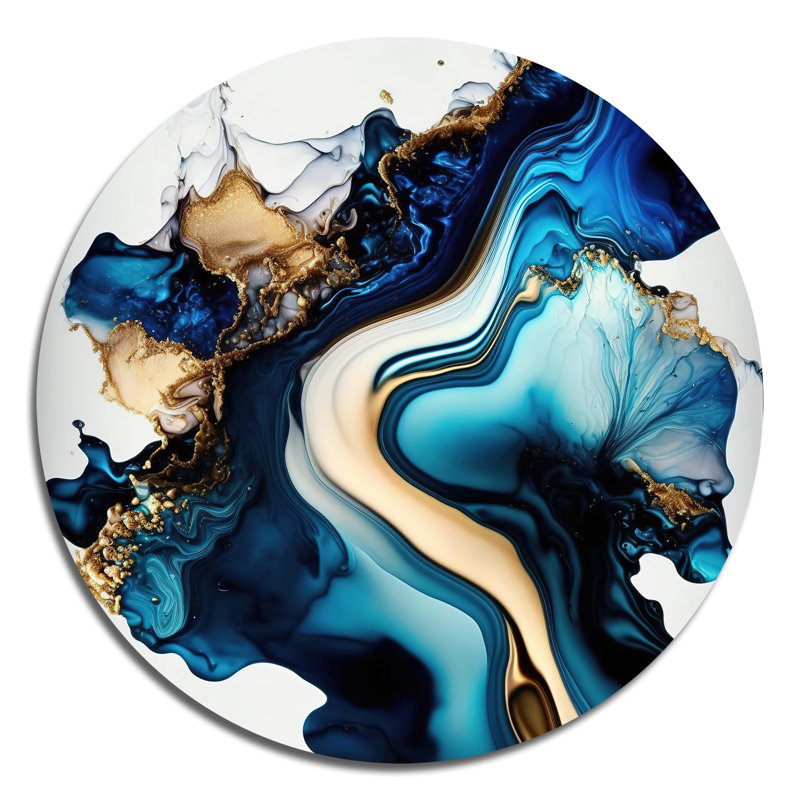 Géode abstraite marbre bleu II - Art abstrait rond en métal, H 16 po x l 16 po x P 1 po
