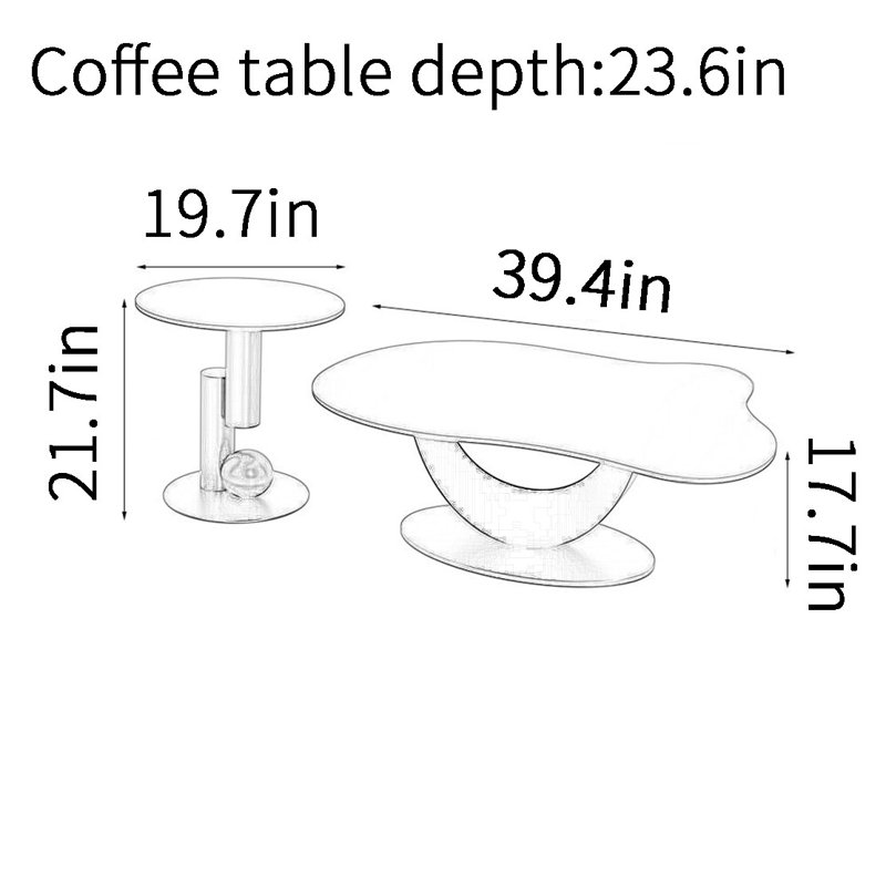 Combinaison de table basse American Light Luxury, H 17,7 po x L 39,4 po x l 23,6 po, Blanc / Gris, Noir, noir, noir, noir