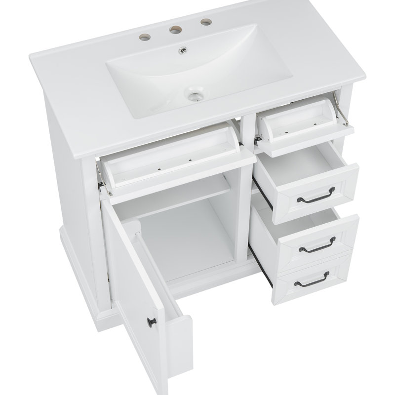 Meuble-lavabo en céramique 36 po, 4 tiroirs, finition peinte, fabrication solide, blanc 36 po avec lavabo, matériau interdite