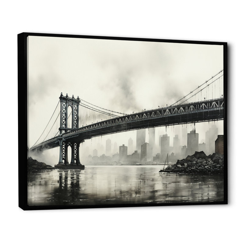 Gris pont suspendu à câble gris anthracite - Art mural sur toile, H 12 po x l 20 po x P 1 po, Cadre flottant noir