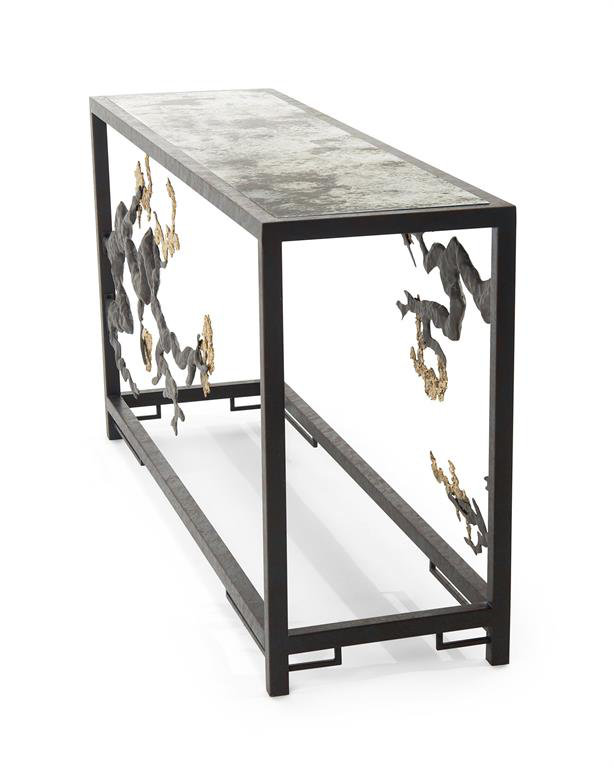 60'' Antique Brass and Glass Console Table with Storage