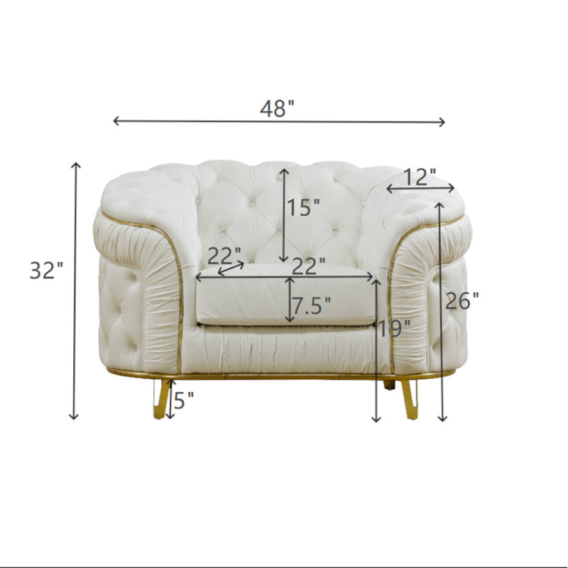 Fauteuil d'appoint 48 po luxueux avec garniture dorée - confort glamour pour les intérieurs modernes, Blanc