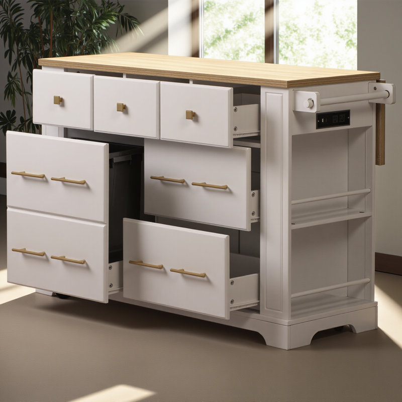 Îlot de cuisine avec 6 tiroirs, rangement pour poubelle coulissante, îlot de cuisine sur roulettes à 5 roulettes avec abattant, prise de courant, 5 tablettes latérales ouvertes pour la cuisine, la salle à manger, blanc