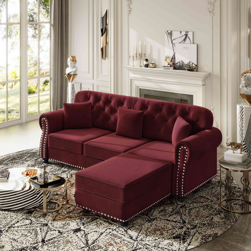 Canapé Chesterfield 82,6 po rembourré en velours avec garniture cloutée et accoudoirs roulés, canapé de style Mid-Century moderne capitonné avec boutons, inclus 3 coussins