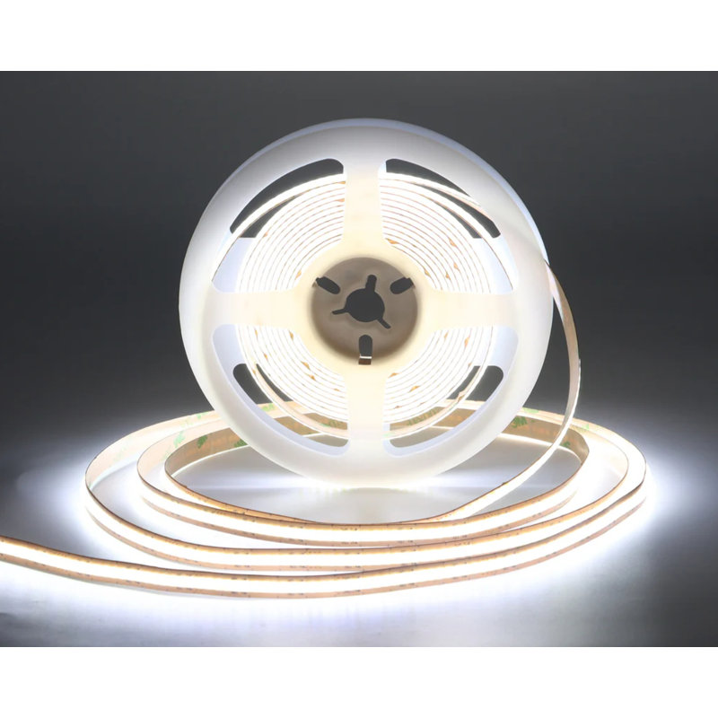 Bande lumineuse DEL COB 12V 8mm, CCT réglable de 2700K à 6500K, 9,6W / M, CRI 90+, homologuée UL, coupable, avec gradateur tactile câblé et bloc d'alimentation pour armoires et salons