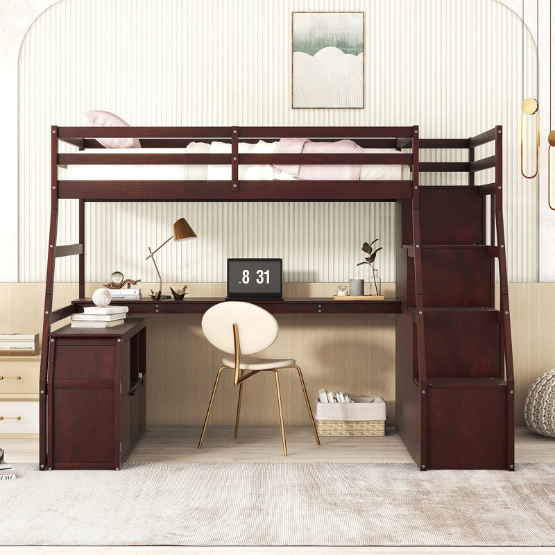 Lit mezzanine avec 7 tiroirs, 2 tablettes et un bureau, Espresso