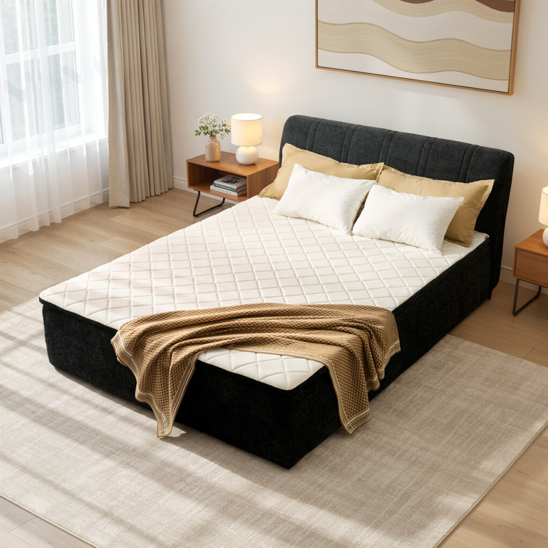 Lit plateforme tapissier avec tête de lit en chenille, Grand lit, Noir
