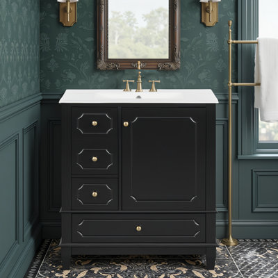 Ensemble de meuble-lavabo simple l 30 po avec lavabo en céramique, structure en bois massif, 3 tiroirs et armoire avec tablettes de porte