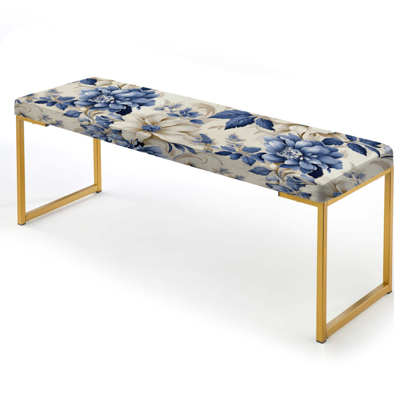 Banc rembourré damassé doré, Fleurs victoriennes bleues et blanches damassées 
