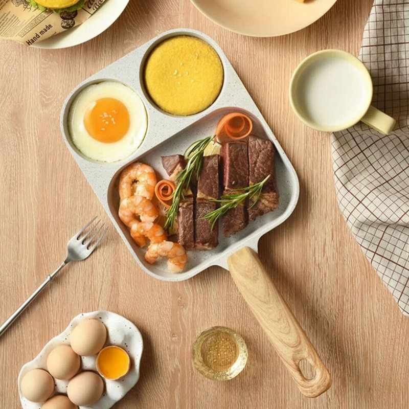 Non Stick Egg Frying Pan 3 Section Breakfast Cooking Pan + Heat Resistant Handle