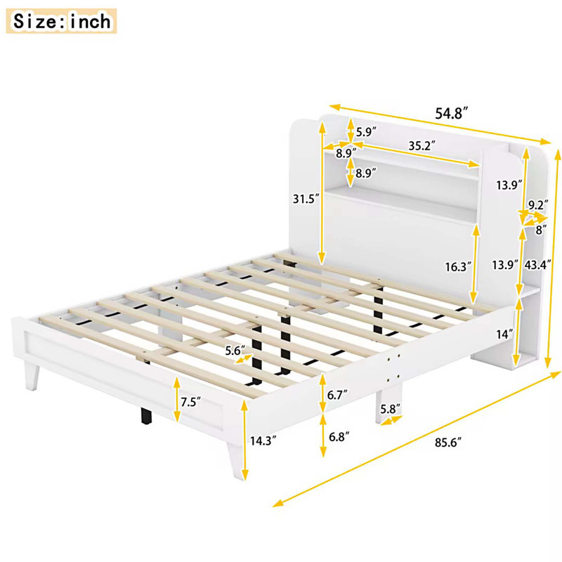 Lit plateforme Kaikoa avec tête de lit et plusieurs tablettes de rangement des deux côtés, Double, Blanc