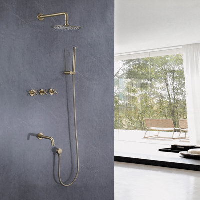 10" Round Shower System Set with Tub Spout, Wall Mount 3 Function Rain Shower Faucet Set with Rough-in Valve