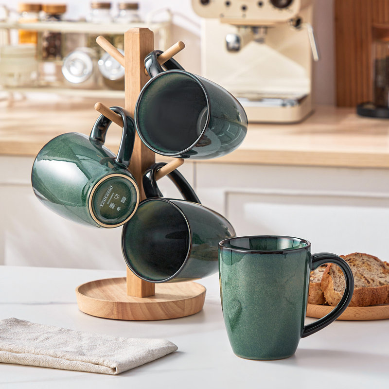12oz Ceramic Coffee Mug Set of 4, Double-Sided Brown Reactive Glazed Stoneware Cups, Set of 4, Green, 480ml