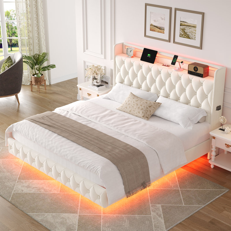 Maykel Modern Upholstered Floating Bed with LED Lights and Charging Port , King