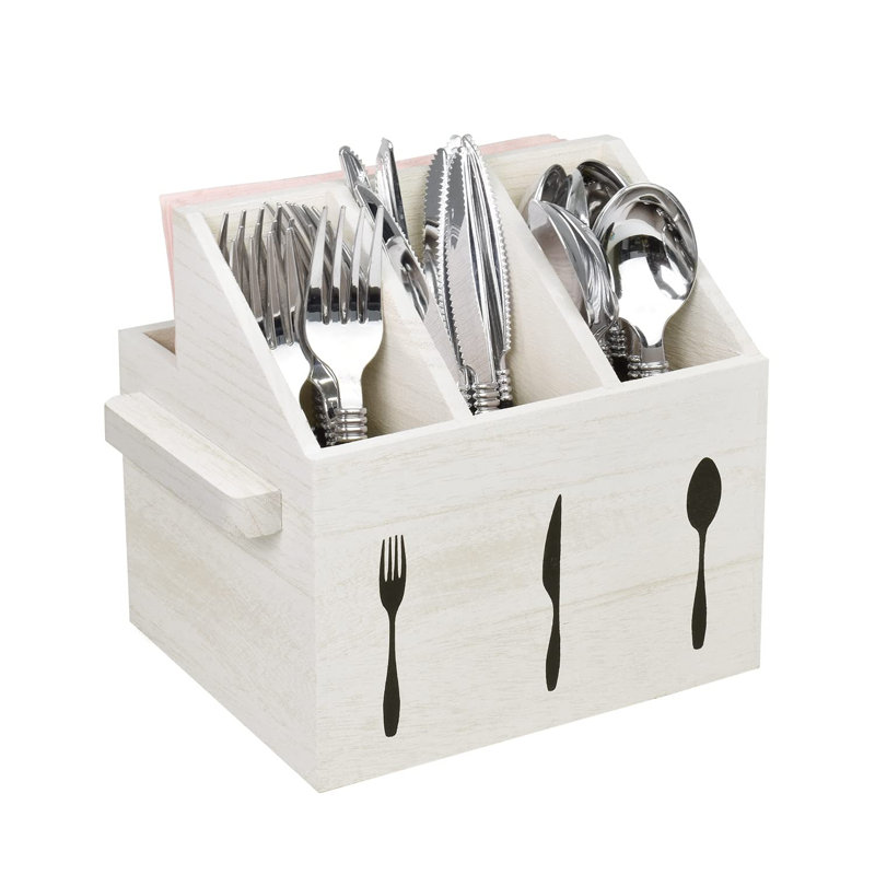 Porte-ustensiles en bois avec poignées, porte-ustensiles, porte-couverts, range-ustensiles, porte-couverts de pique-nique, couleur blanche