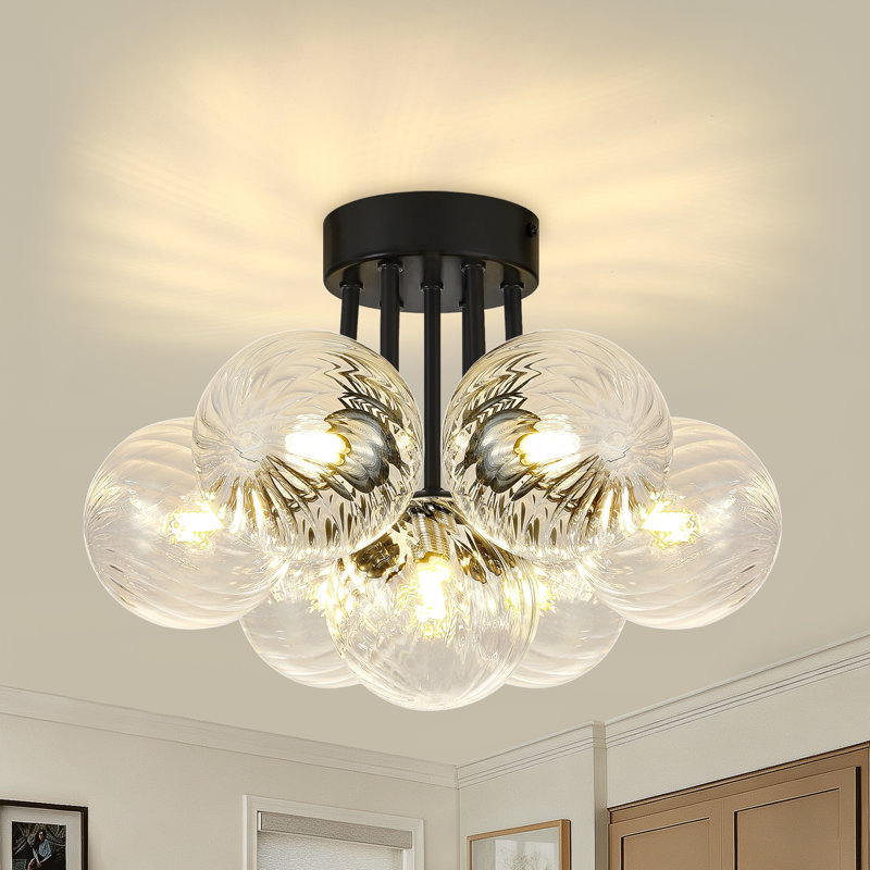 Plafonnier semi-encastré moderne Sputnik à 7 lumières, globe en verre., Matte Black, Clear