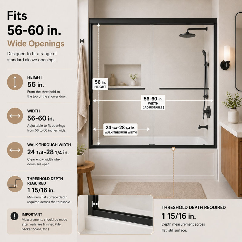 60'' W x 60'' H Double Sliding Framed Tub Door With 1/4" Clear Glass, Matte Black