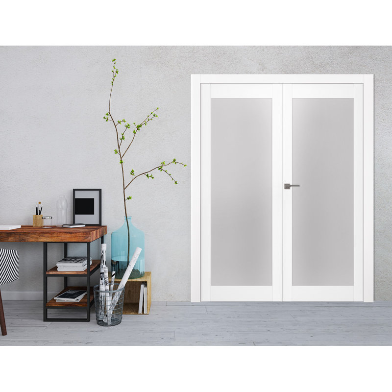 Porte française double pré-suspendue en bois manufacturé et en verre givré complet Lite Palladio, 71,75 po x 79,38 po, Blanc