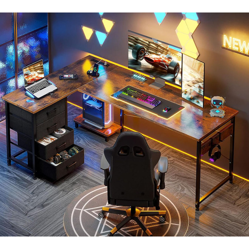 L Shaped Desk With 4 Tier Drawers, 61" Reversible Gaming Desk With Power Outlets, L Shaped Computer Desk With USB Charging Port And Host Stand, Home Office Corner Desk, Easy To Assemble, White