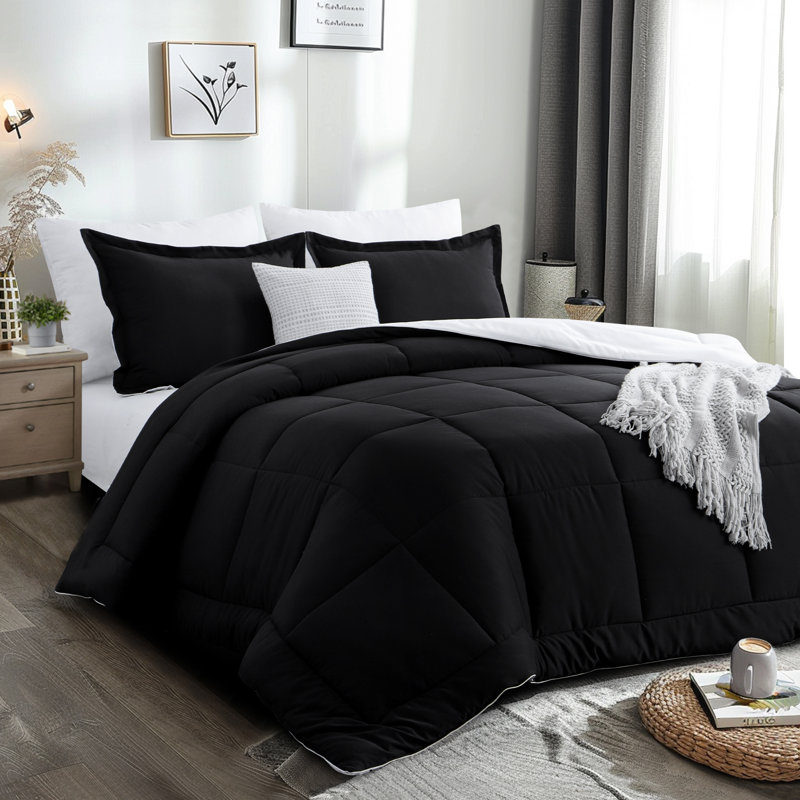 All Season Reversible Down Alternative Comforter Set, Black/White, California King Comforter + 2 King Shams