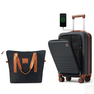 Front Opening  Carry-On Luggage with Expandable Travel Bag, USB Port, and Cup Holder, Grey