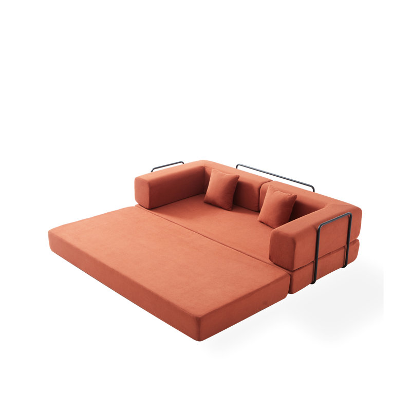 Lit convertible en velours côtelé orange à 3 places avec structure fixe, coussin cylindrique, salon au sol dans la chambre à coucher, mousse à mémoire de forme douce, dossier coussiné, chambre rouge respirante, carré à haute densité