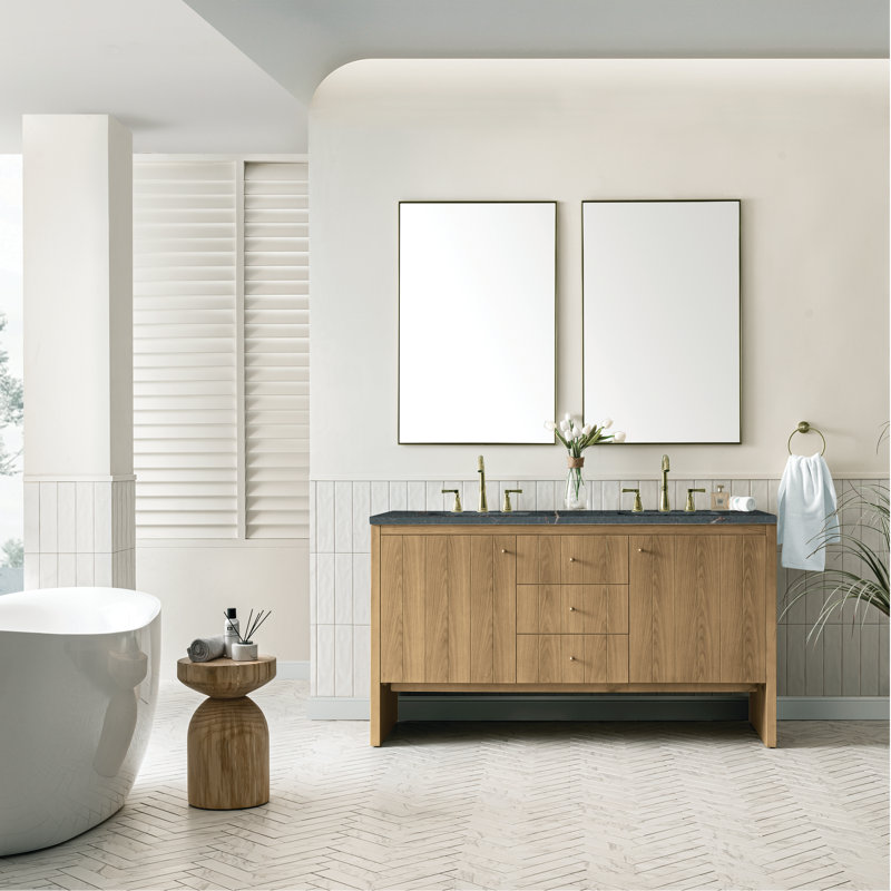 Hudson 60'' Double Bathroom Vanity with Top, Parisien Bleu, 8" Widespread, Light Natural Oak