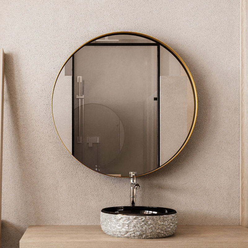 Armoire à pharmacie ronde de 31,5 pouces avec cadre en métal avec miroir et tablettes réglables pour salle de bain, finition or mat, conception scellée, -
