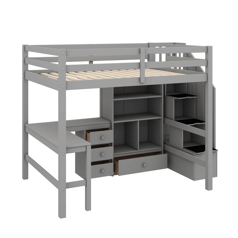 Lit mezzanine double avec bureau intégré, escalier élégant, armoire de rangement spacieuse et bibliothèque élégante, gris