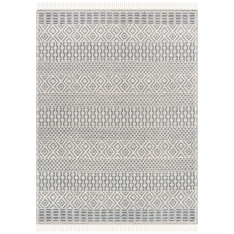 Tapis ivoire / bleu marine en laine tissé à plat à la main Aldeline Southwestren, Rectangle de 10 pi x 14 pi