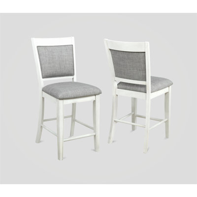 Farmhouse Bar Stools Set of 2 - Gray Linen Upholstered Counter Height Chairs with Footrest & Tapered Wood Legs, Rustic Kitchen Stools for Island, Breakfast Nook