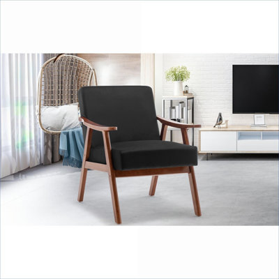 Fauteuil d'appoint à oreilles simple Mid-Century moderne, structure en bois massif, dossier très épais, velours noir profond