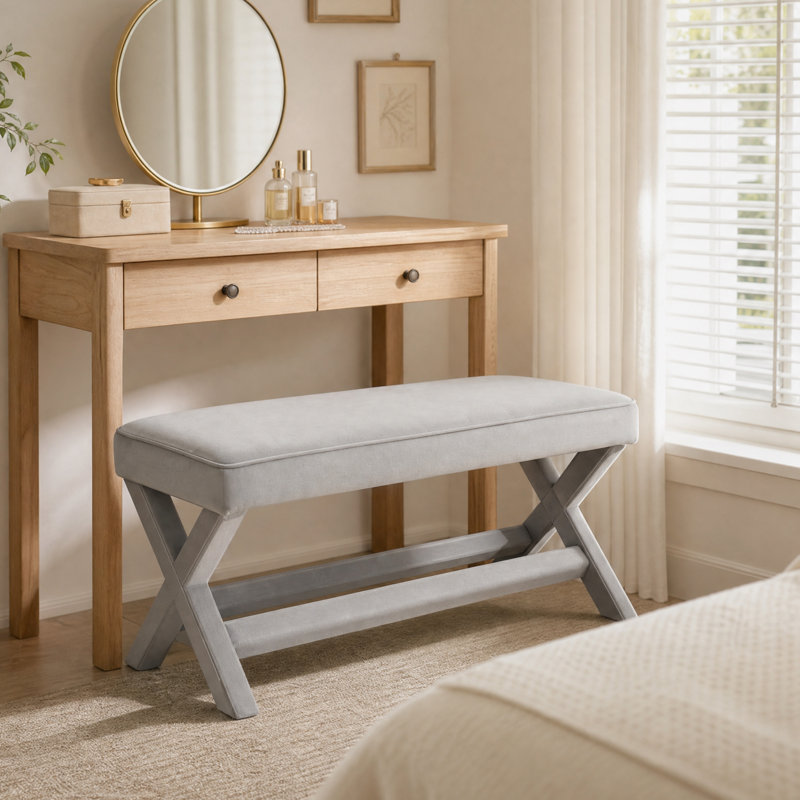 Velvet Upholstered Bench, Gray